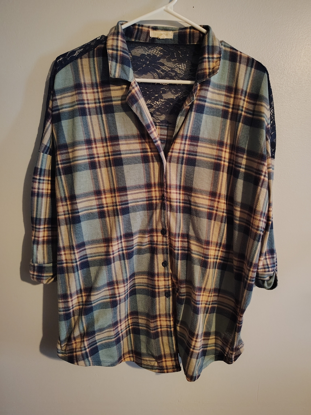 paper tee Blue, Green and Navy Plaid Button-Down with Lace Yoke